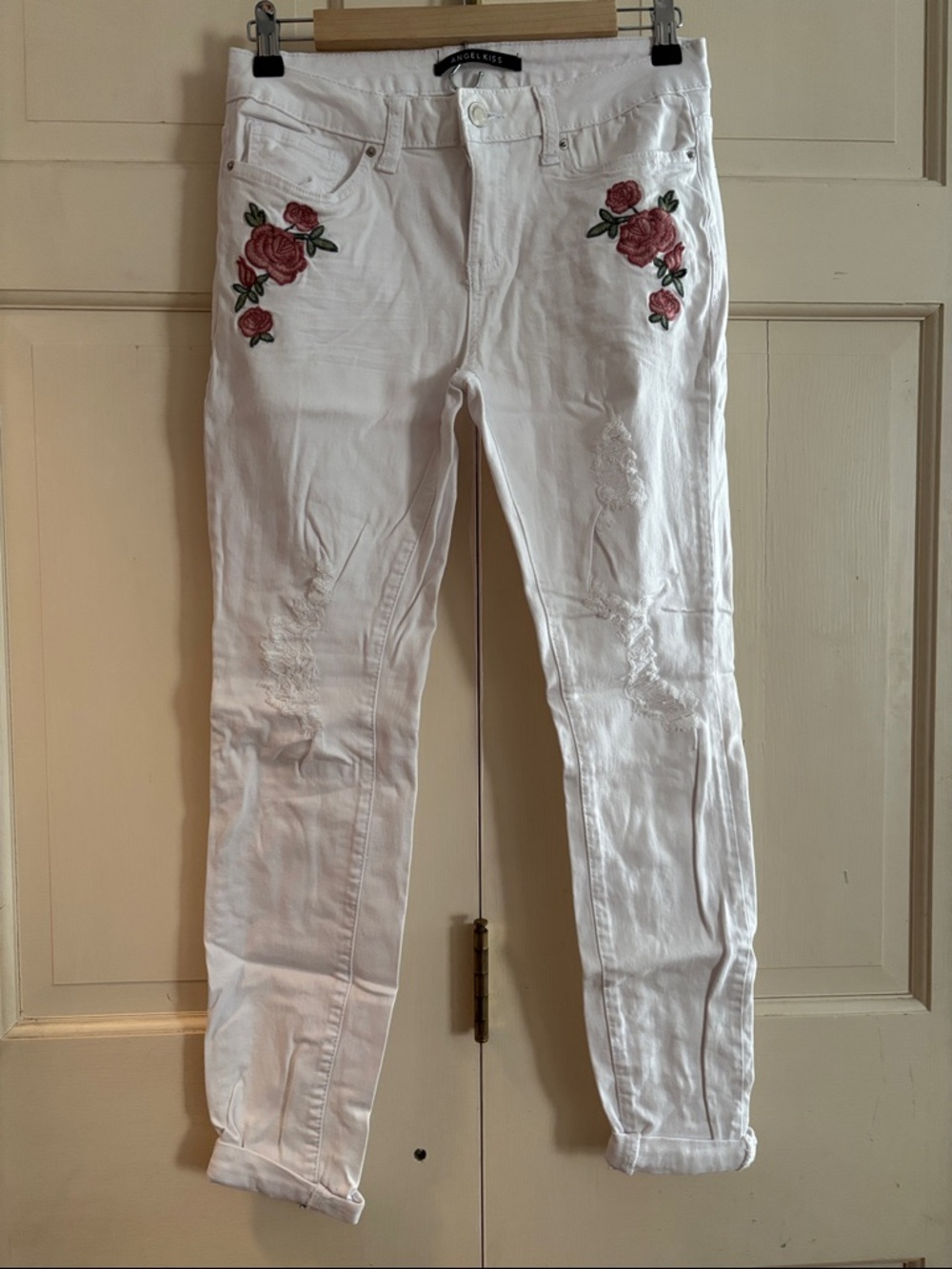 Angel Kiss White Skinny Jeans with Rose Embroidery